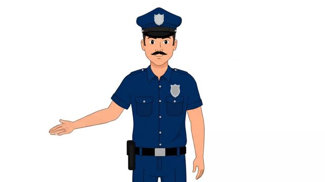 17. Full-body 2D animated traffic police officer raising one hand signaling stop, slow looping arm m