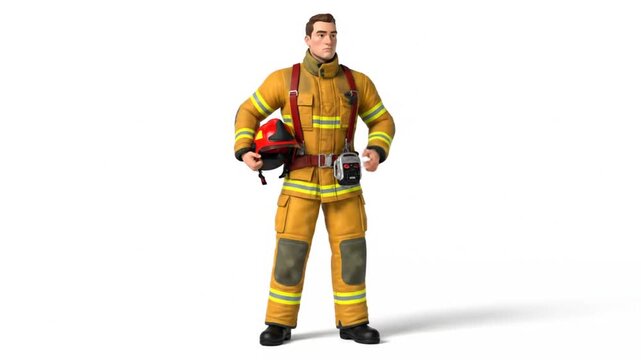 18. Full-body 2D animated firefighter holding helmet and checking equipment, minimal hand motion, wh
