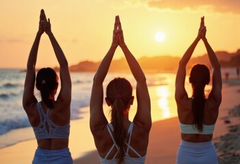 Three Women Practicing Yoga at Sunset on a Beach
