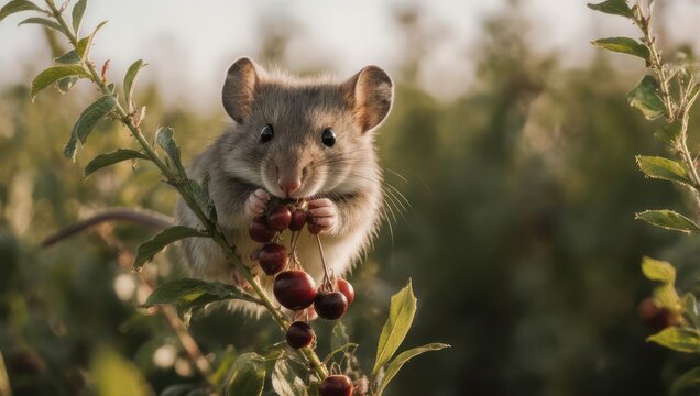 A Tiny Field Mouse Sits on a Branch Eating Berries.