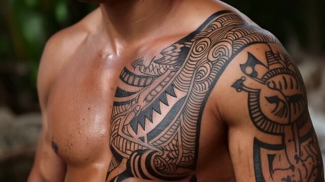 Muscular man with tribal tattoo showcasing strength and cultural art form