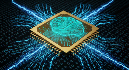 Gold microchip with a glowing cyan brain circuit design, set against a binary code background, symbolizing AI, neural networks, and technological advancement