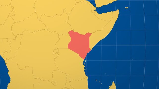 Kenya on Globe. Animated zoom into the country in Ocean Blue Golden Yellow color palette. Kenya logo animation. Map with meridians, parallels. Stylish video.