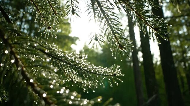 Close-up of pine tree branches with glistening dewdrops in a sunlit forest.