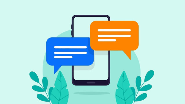 mobile messaging illustration on a smartphone screen showing blue and orange chat bubbles depicting online conversation and digital interaction.