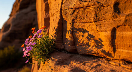 Image of orange rock formation with purple and orange wildflowers growing at the base, representing beauty, resilience, and the nature's ability to thrive