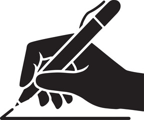 Black silhouette of a hand holding a pen and writing on a white background