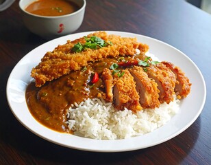 A plate of rice topped with golden fried and sliced protein, covered in thick savory sauce. A bowl of sauce sits beside it