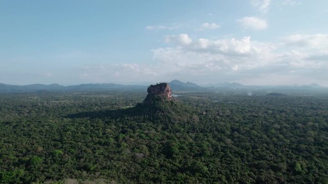 Aerial view of Sigiriya Rock rising above Sri Lanka rainforest