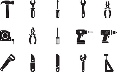 Obraz premium Collection of black silhouette representing various hand and power tools for construction and repair