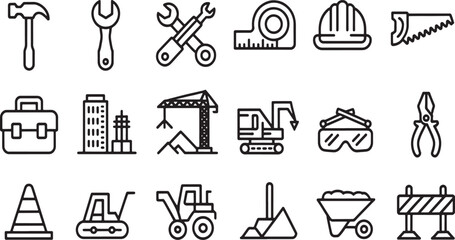 Obraz premium Collection of black line construction and building industry on white background tools