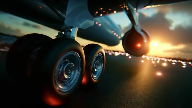 A stunning close-up view of an aircraft's landing gear wheels illuminated by twilight. The image captures the intricate details of tire tread and reflections as the plane prepares for takeoff or
