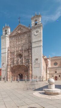 Panorama showing historic San Pablo Church in Valladolid timelapse, showcasing its intricate facade, rose window, entrance portal and twin towers. A former Dominican convent in Castilla y Leon, Spain.