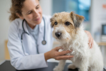 A veterinarian is giving a new pet owner advice, explaining proper diet and exercise to keep their dog healthy