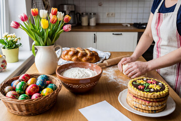 Woman kneading dough for traditional Easter pastry on wooden table near basket of colorful painted egg and fresh tulip flower during spring holiday preparation in bright kitchen.