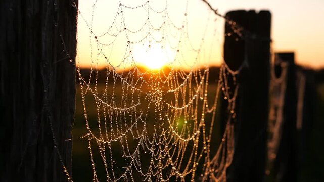 Dewdrops on spider web at sunrise with fence posts.