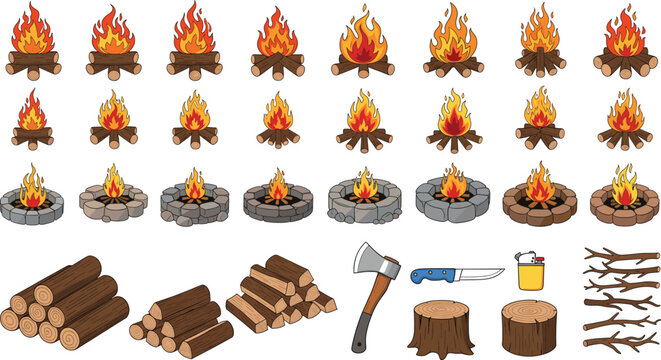 Campfire elements illustration set with burning fires, fire pits, firewood logs, axe, knife, and kindling
