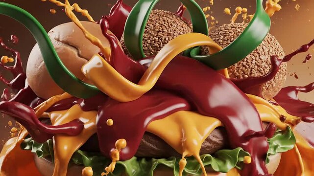 A 4k video capturing a juicy hamburger with melted cheese, lettuce, and condiments splashing dynamically on a bun.