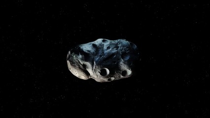 Large asteroid on a black background. Space stone with craters. Astrophotography of a meteorite. Celestial body near Earth. © Nazarii