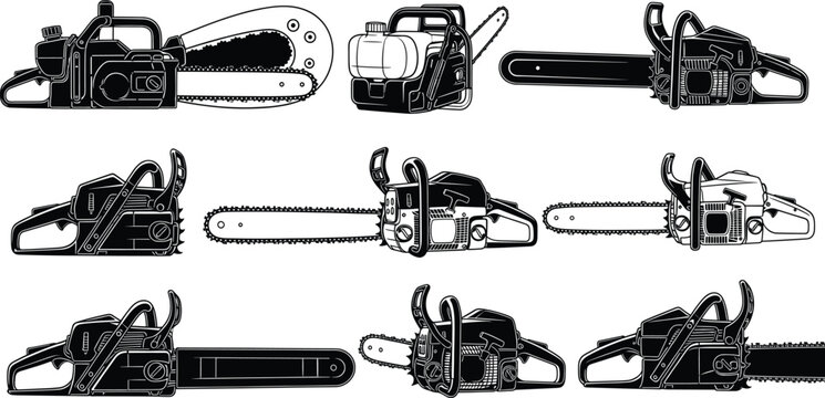Set of detailed black silhouette chainsaw illustrations showing different angles and models for forestry and construction use