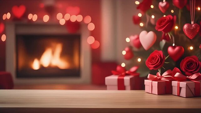 Cozy Valentine's Day scene with gifts roses and heart decorations