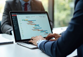 Business Meeting with Project Management Software Displayed on Laptop