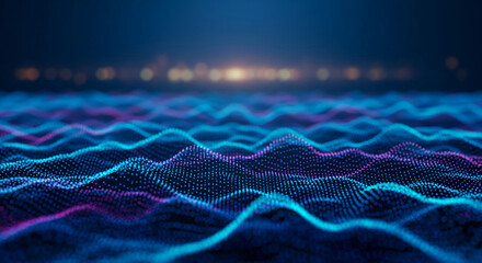Abstract blue and purple particle waves, creating a digital landscape suitable for technology or data visualization concepts Background ideal for website banner or wallpaper