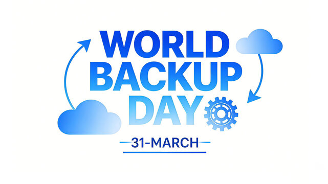 The bidirectional arrow and cloud represent the theme of World Backup Day: "Data flows in a loop, backup makes information more secure", suitable for minimalist style technology promotion.
