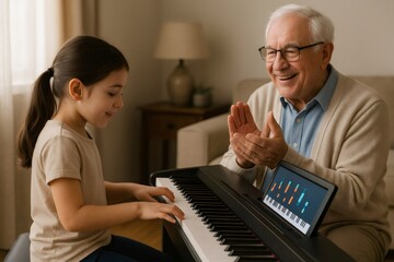 Happy grandfather clapping for his granddaughter practicing piano, using a digital piano and learning tablet at home