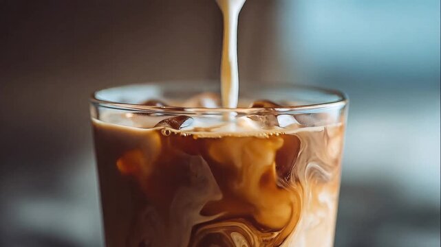 Cream Pouring into Iced Coffee with Ice Cubes in a Glass on a Bar Counter