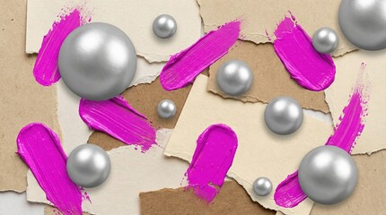 Metallic spheres with pink paint strokes on torn paper