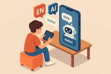 Young person using a tablet, interacting with an AI chatbot on a smartphone for foreign language practice and education