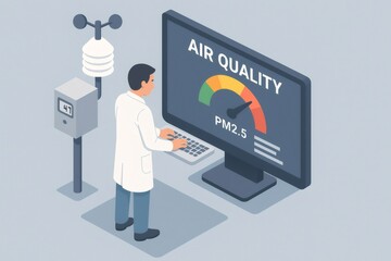 Scientist analyzing air quality data on a computer screen displaying PM2.5 levels from a nearby environmental monitoring station