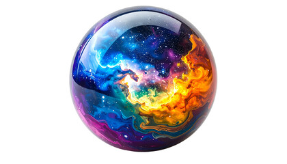 A luminous, transparent sphere encapsulates a vibrant nebula of swirling cosmic colors