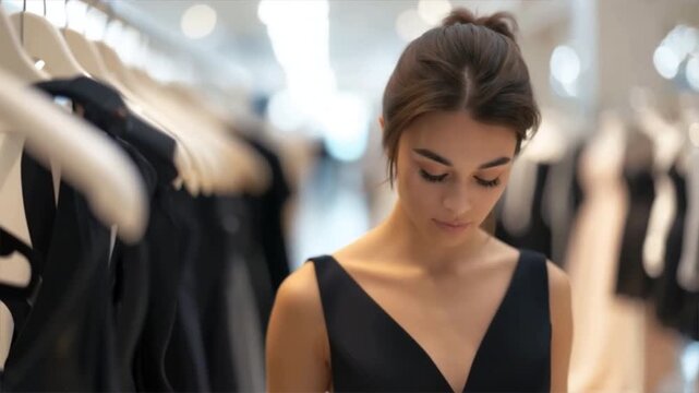 A young woman browsing elegant dresses in a chic clothing store, showcasing modern fashion trends and styles.