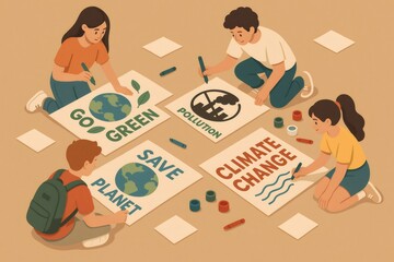 Young people actively participating in environmental awareness, drawing posters protecting the planet, advocating for climate action and reducing pollution