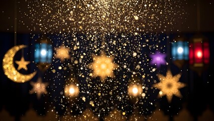 Festive golden ornaments and lanterns shine brightly in a dark celebratory environment with fireworks exploding above