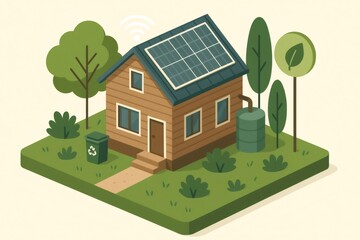 Naklejka premium Modern house with solar panels, rainwater harvesting, recycling bin, and trees, representing ecological living