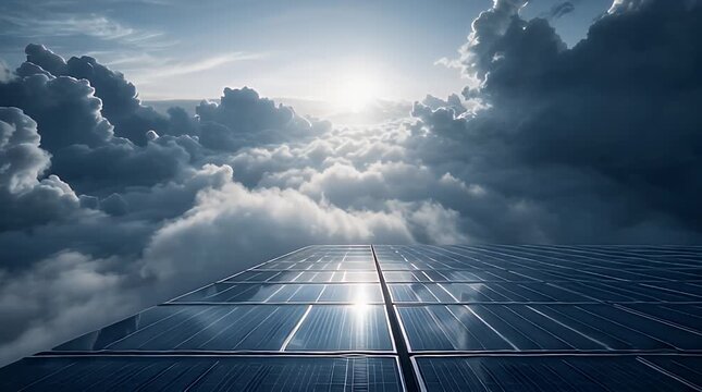 Solar Panels Beneath Dramatic Cloud-Filled Wide Open Sky