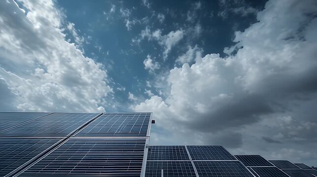 Corporate Renewable Energy Concept With Solar Panels And Clouds