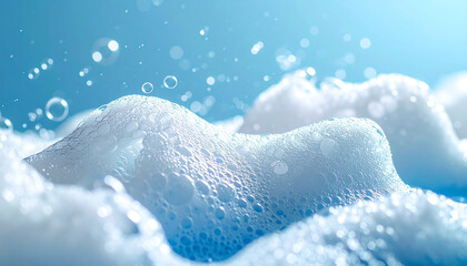Soap foam texture on blue background, shampoo bubbles, hygiene and bath care concept