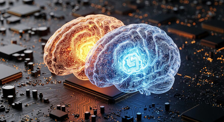 Two glowing brains, circuit-board design, rest on microchip, symbolizing AI, technology, intelligence, connection, and neural networks