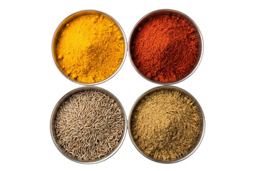 four traditional Indian spices in metal bowls