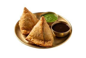 Two crispy golden brown vegetable samosas served with green mint and tamarind chutneys