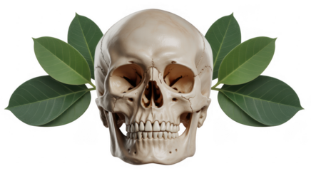 Skull with Green Leaves human skull isolated on a transparent background