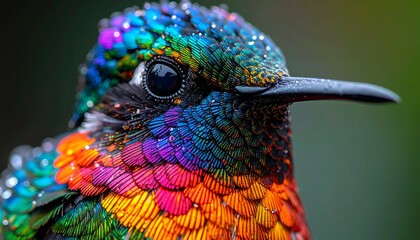 Fototapeta premium A vibrant close-up of a multicolored hummingbird displaying shimmering feather details