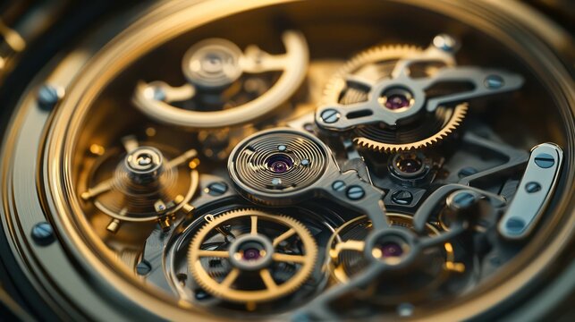 An open, high-end watchmaker's case revealing the intricate, complex movement of an automatic Swiss watch, with tiny gears and jewels visible, precision engineering, dramatic macro shot,  - Powered by Adobe