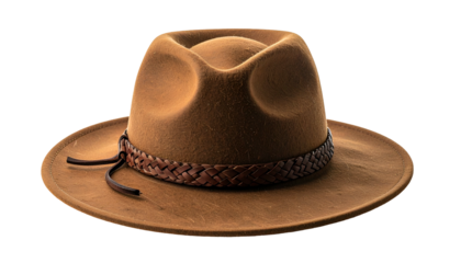Brown felt hat with wide brim, leather band, and dark tassels, against black background