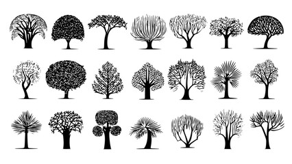 Vector fantasy tree set black silhouette. Game ready nature tree set.	