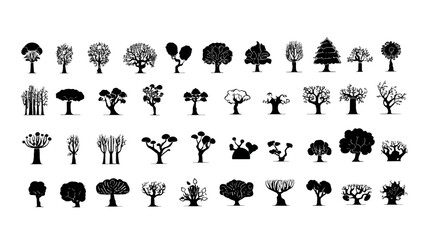 Vector fantasy tree set black silhouette. Game ready nature tree set.	